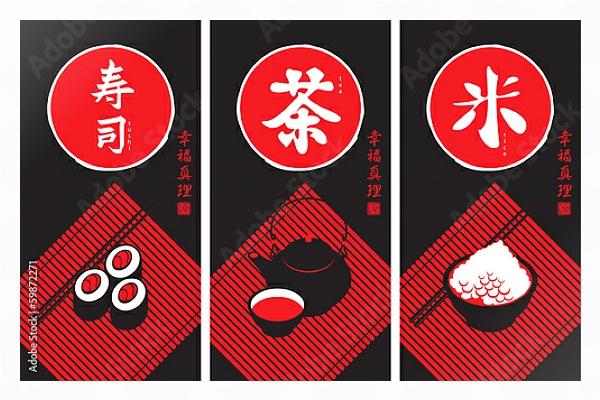 Постер Плакат с иероглифами чай, суши и рис с типом исполнения На холсте в раме в багетной раме 221-03