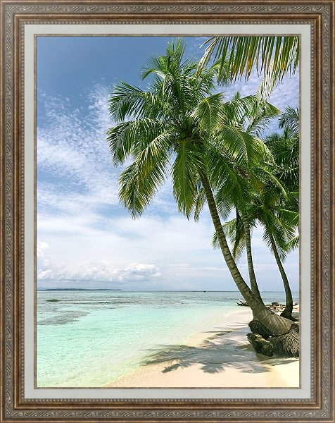 Постер Белый пляж с пальмами с типом исполнения На холсте в раме в багетной раме 595.M52.330