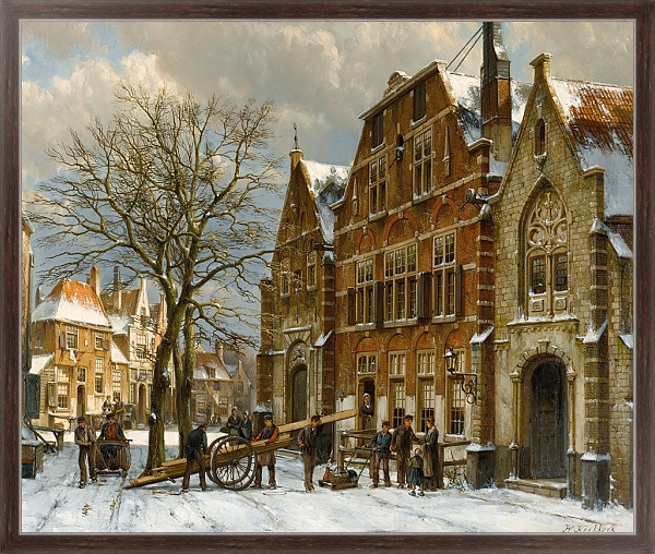 Постер Winter Street Scene, Oudewater с типом исполнения На холсте в раме в багетной раме 221-02