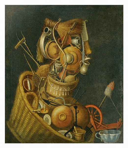 Постер An Anthropomorphic Still Life With Pots, Pans, Cutlery, A Loom And Tools с типом исполнения На холсте в раме в багетной раме 221-03