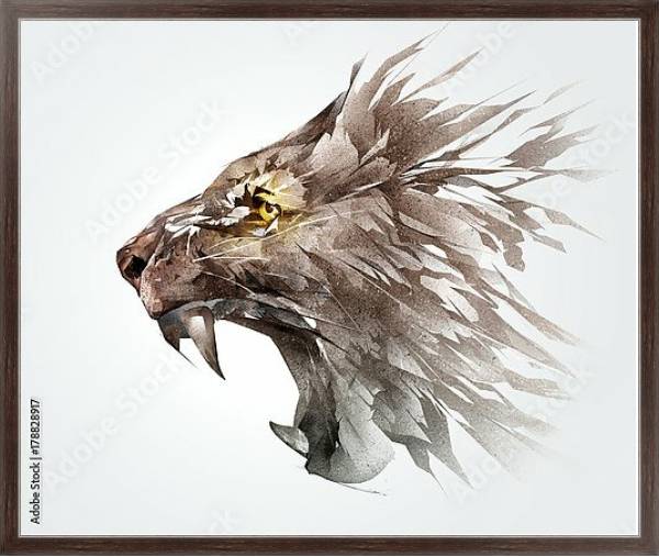 Постер Иллюстрация рычащей морды льва с типом исполнения На холсте в раме в багетной раме 221-02