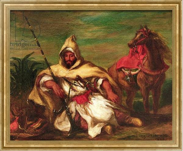 Постер Moroccan soldier sitting near his horse, 1845 с типом исполнения На холсте в раме в багетной раме NA033.1.051