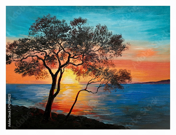Постер Дерево возле озера на закате с типом исполнения На холсте в раме в багетной раме 221-03