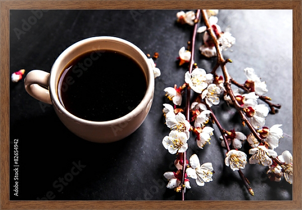 Постер Чашка кофе и ветка цветущей вишни с типом исполнения На холсте в раме в багетной раме 1727.4310