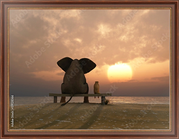 Постер Слон и собака на летнем пляже с типом исполнения На холсте в раме в багетной раме 35-M719P-83