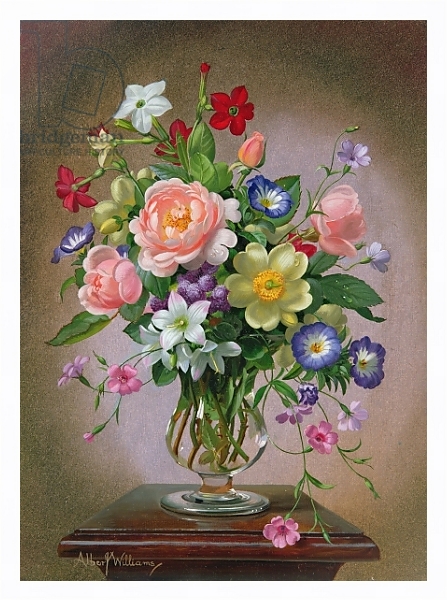 Постер Roses, Peonies and Freesias in a glass vase с типом исполнения На холсте в раме в багетной раме 221-03
