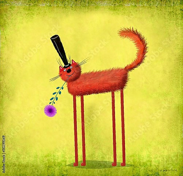 Постер Рыжий кот в шляпе с цветком с типом исполнения На холсте без рамы
