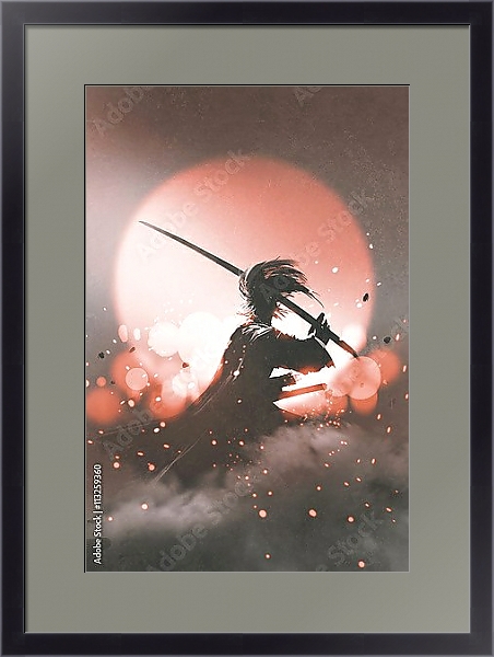 Постер Самурай с мечом, стоящего на фоне заката с типом исполнения Под стеклом в багетной раме 221-01