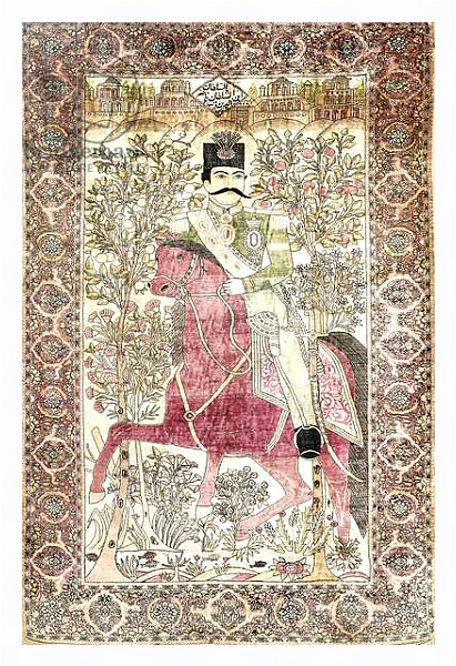 Постер An antique silk Kashan 'mochtasham' pictorial rug, depicting the mounted figure of Naser al-Din Shah, с типом исполнения На холсте в раме в багетной раме 221-03