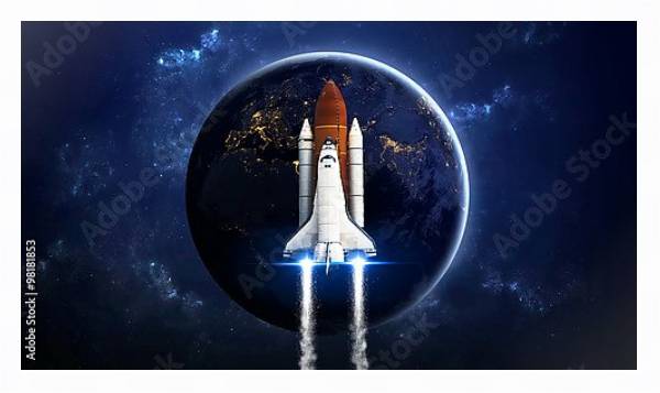 Постер Шаттл взлетает на фоне планеты с типом исполнения На холсте в раме в багетной раме 221-03