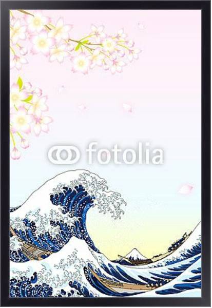 Постер Большие волны и цветы вишни с типом исполнения На холсте в раме в багетной раме 221-01