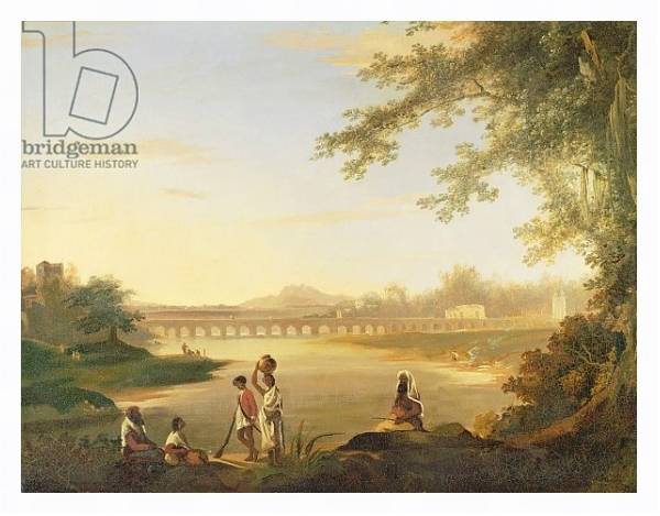 Постер The Marmalong Bridge, with a Sepoy and Natives in the Foreground, c.1783 с типом исполнения На холсте в раме в багетной раме 221-03