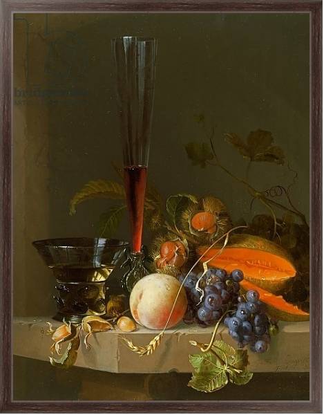 Постер Still life of fruit on a ledge with a roemer and a wine glass с типом исполнения На холсте в раме в багетной раме 221-02
