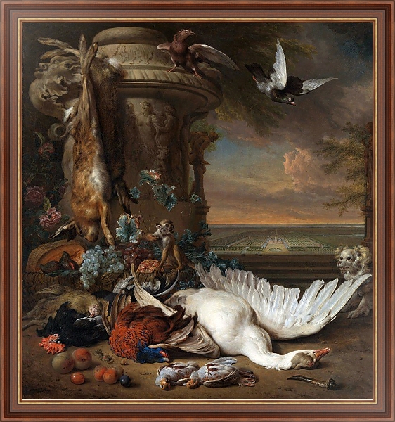 Постер Hunting and Fruit Still Life next to a Garden Vase, with a Monkey, Dog and two Doves с типом исполнения На холсте в раме в багетной раме 35-M719P-83