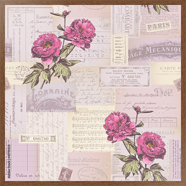 Постер Розовый коллаж с пионами с типом исполнения На холсте в раме в багетной раме 1727.4310