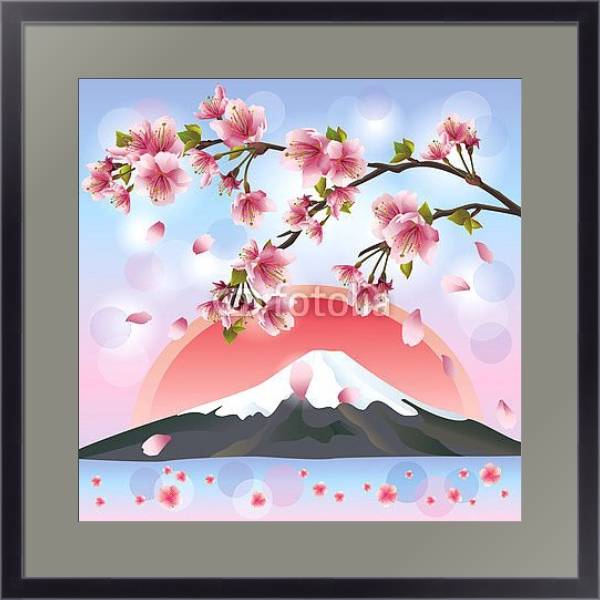 Постер Японский пейзаж с горами и сакурой с типом исполнения Под стеклом в багетной раме 221-01