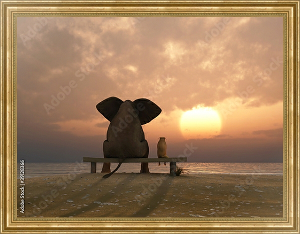 Постер Слон и собака на летнем пляже с типом исполнения На холсте в раме в багетной раме NA033.1.051