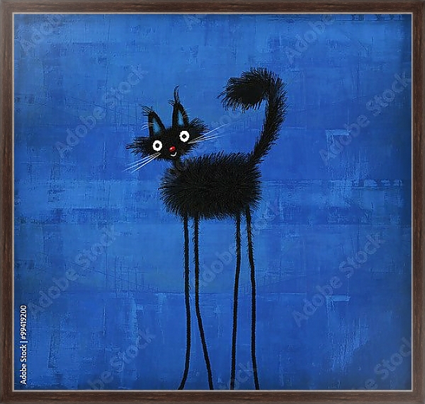 Постер Черный пушистый кот с длинными тонкими ногами с типом исполнения На холсте в раме в багетной раме 221-02
