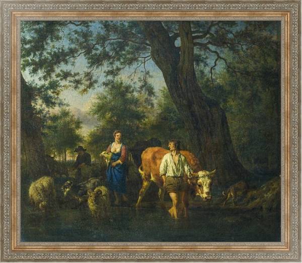 Постер Крестьяне со скотом переходям ручей с типом исполнения На холсте в раме в багетной раме 484.M48.310