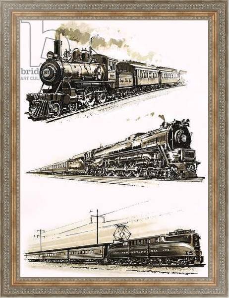 Постер Montage of US trains с типом исполнения На холсте в раме в багетной раме 484.M48.310
