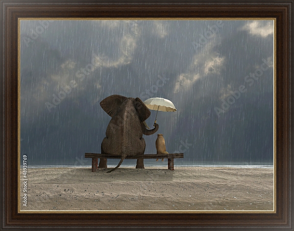 Постер Слон и собака под зонтом с типом исполнения На холсте в раме в багетной раме 1.023.151