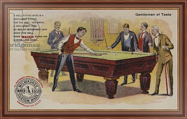 Постер Men playing billiards, American trade card advertising Mayer shoes, Milwaukee, Wisconsin с типом исполнения На холсте в раме в багетной раме 35-M719P-83