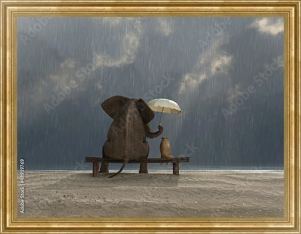 Постер Слон и собака под зонтом с типом исполнения На холсте в раме в багетной раме NA033.1.051