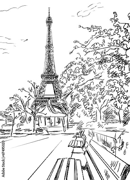 Постер Париж в Ч/Б рисунках #48 с типом исполнения На холсте без рамы
