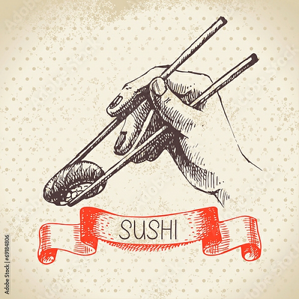 Постер Иллюстрация с суши в руке с типом исполнения На холсте без рамы