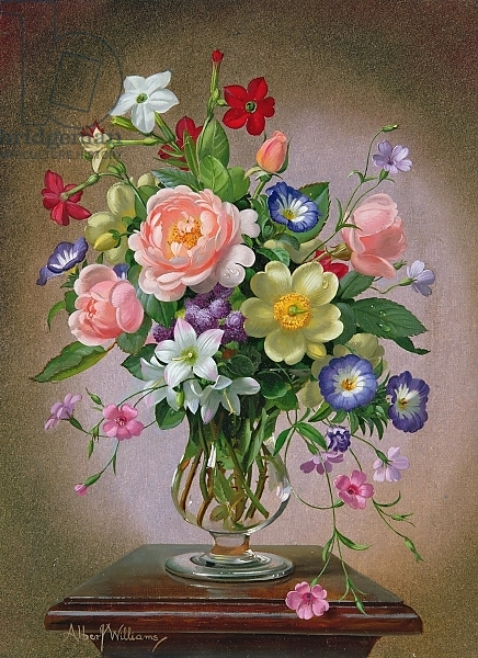 Постер Roses, Peonies and Freesias in a glass vase с типом исполнения На холсте без рамы
