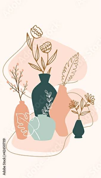 Постер Композиция с листьями растений и цветов и абстрактными вазами 2 с типом исполнения На холсте без рамы