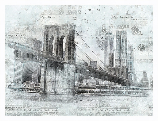 Постер Нью-Йоркский мост и газетные статьи с типом исполнения На холсте в раме в багетной раме 221-03