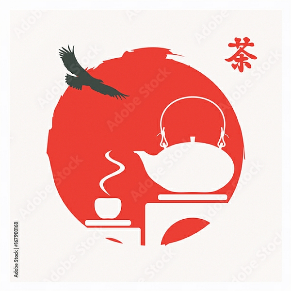 Постер Черный орел и белый силуэт чайной церемонии в красном декоративном солнце с типом исполнения На холсте в раме в багетной раме 221-03