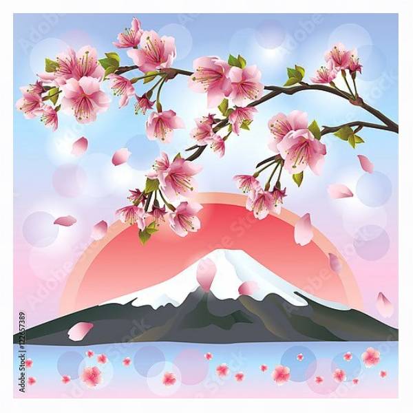 Постер Японский пейзаж с горами и сакурой с типом исполнения На холсте в раме в багетной раме 221-03