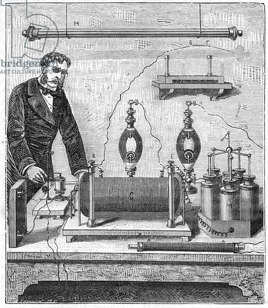 Постер Ruhmkorff inductor - The induction coil by Ruhmkorff - Engraving in “” Sciences made available to everyone - physics and chemistry”” by Alexis Clerc - End 19th century - Private collection с типом исполнения На холсте без рамы