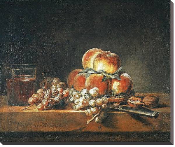 Постер Still Life of Peaches, Nuts, Grapes and a Glass of Wine, 1758 с типом исполнения На холсте без рамы