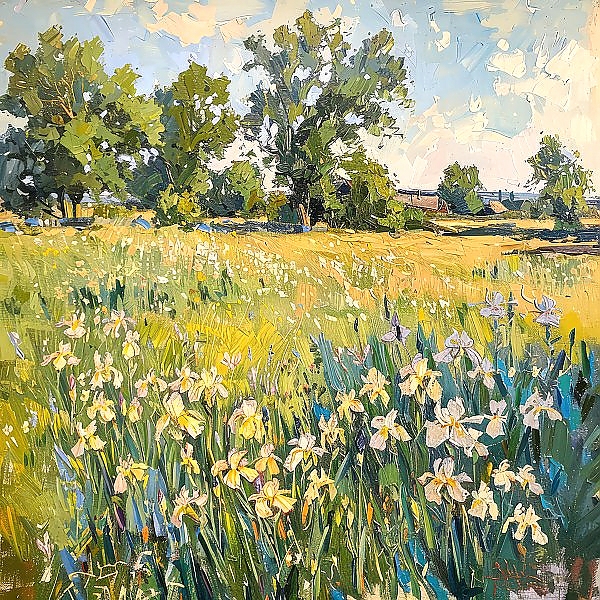 Постер Meadow with white irises с типом исполнения На холсте без рамы