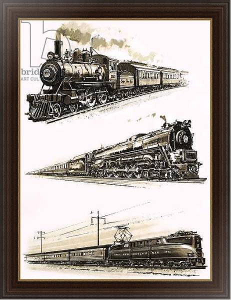 Постер Montage of US trains с типом исполнения На холсте в раме в багетной раме 1.023.151