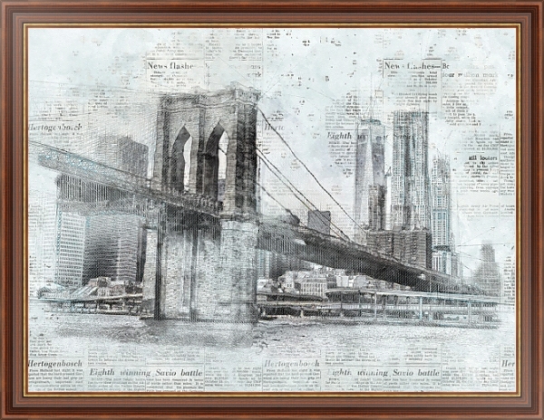 Постер Нью-Йоркский мост и газетные статьи с типом исполнения На холсте в раме в багетной раме 35-M719P-83
