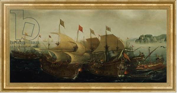 Постер A Sea Action, possibly the Battle of Cadiz, 1596 с типом исполнения На холсте в раме в багетной раме NA033.1.051