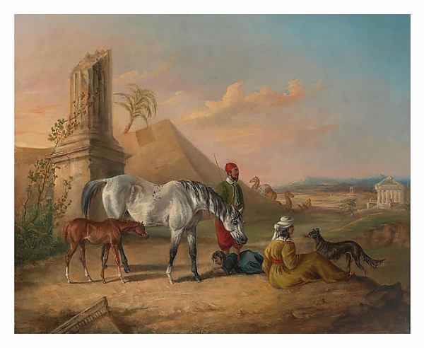 Постер Серая арабская кобыла и жеребенок с семьей с типом исполнения На холсте в раме в багетной раме 221-03