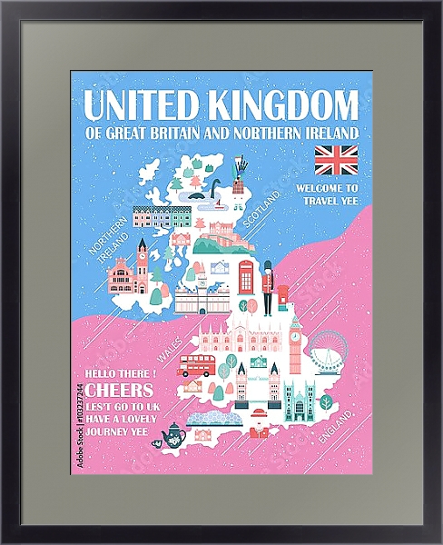 Постер Соединенное Королевство, карта путешествий 2 с типом исполнения Под стеклом в багетной раме 221-01