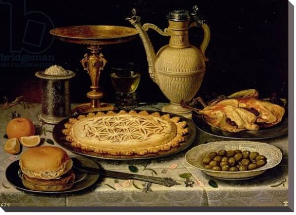 Постер Still life with a tart, roast chicken, bread, rice and olives с типом исполнения На холсте без рамы