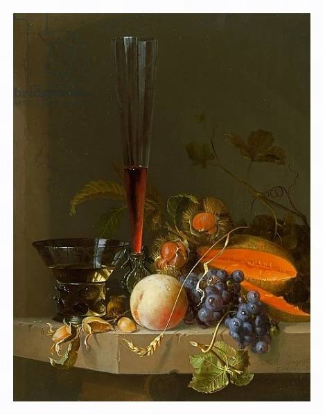 Постер Still life of fruit on a ledge with a roemer and a wine glass с типом исполнения На холсте в раме в багетной раме 221-03