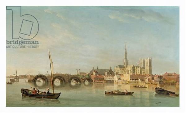 Постер The Building of Westminster Bridge with an imaginary view of Westminster Abbey, c.1742 с типом исполнения На холсте в раме в багетной раме 221-03