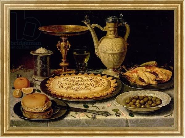 Постер Still life with a tart, roast chicken, bread, rice and olives с типом исполнения На холсте в раме в багетной раме NA033.1.051