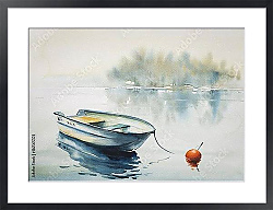 Постер Пейзаж с деревянной лодкой на реке, покрытой туманом