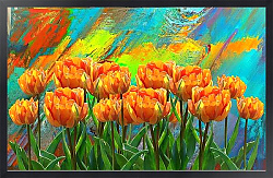 Постер Оранжевые тюльпаны на радужном фоне