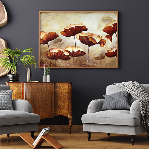 картина в маками в интереьре гостиной в классическом стиле