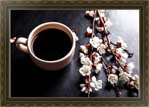 Постер в раме Чашка кофе и ветка цветущей вишни